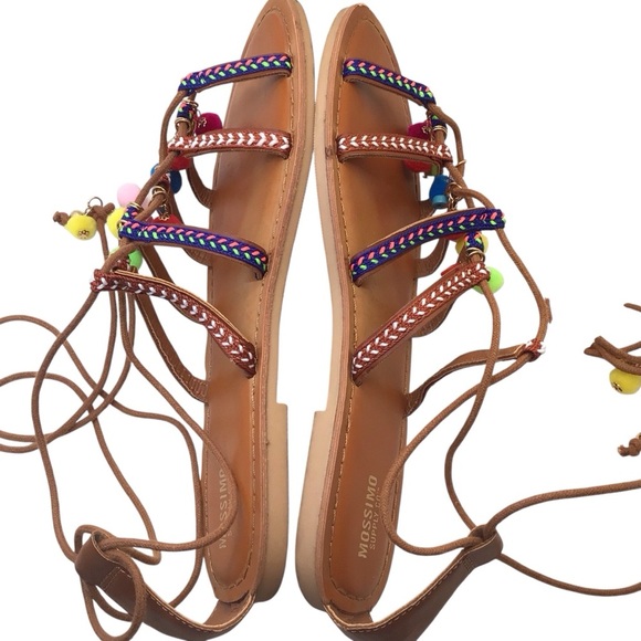 Mossimo Women’s Size 8.5 Gladiator Sandals Brown Boho Beaded Pom Pom Lace Up - Picture 10 of 12
